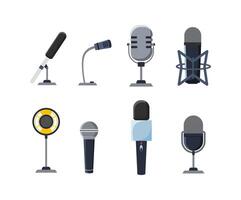 Eight different microphones recording, broadcasting, and interviewing equipment vector