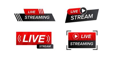 Red and Black Live Streaming Icons Showing Play Button and Signal Waves vector