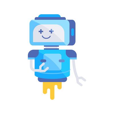 Friendly blue robot flying and greeting with hand