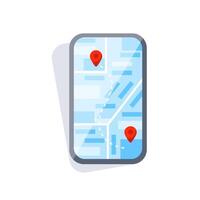 Smartphone showing map with route and two red pointers vector