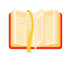 Open book with yellow bookmark showing pages with text and lines vector