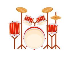 Red drum kit with cymbals standing on a white background vector