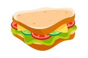 Delicious sandwich with cheese, lettuce, tomato and cucumber slices on white background vector