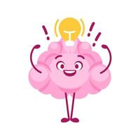 Happy brain having an idea with light bulb shining over its head vector