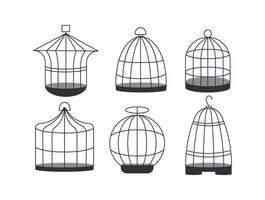 Set of six empty birdcages standing on white background vector