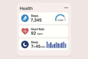 Bright health app interface with steps, heart rate, and sleep stats. vector
