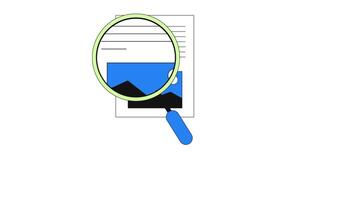 Taking closer look 2D onboarding ui animation. Content verification. File analysis. Magnifying glass zooming in on document article animated cartoon flat concept metaphor 4K isolated on white video
