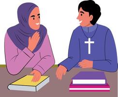 A friendly conversation between two people of different religions, flat illustration vector
