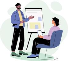 A character presenting ideas to his boss, flat illustration vector