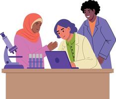 A flat style illustration of lab scientists working together vector
