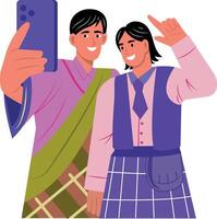 Flat style illustration showing two friends taking selfie vector