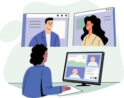 A character collaborating online with her team, flat style illustration vector