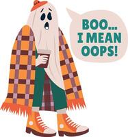 A slightly clumsy ghost wrapped in blanket, flat sticker vector
