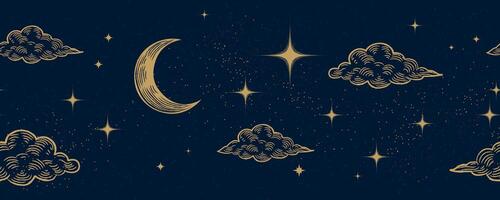 Starry night sky horizontal seamless pattern background. Bright golden moon, stars and clouds wallpaper. Horizontal Space backdrop. Dark Sky with shiny stars, Illustration. vector