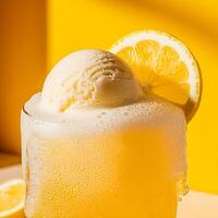 A glass of ice cream with a lemon slice photo