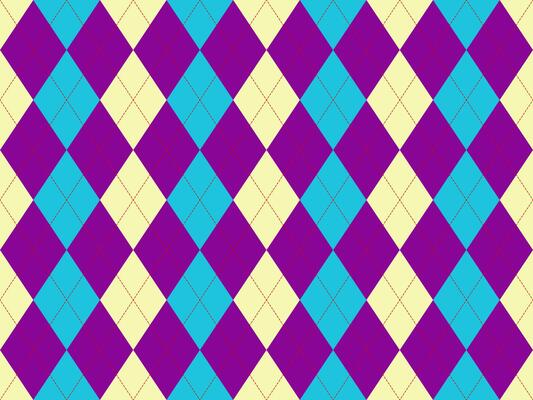 Vibrant argyle pattern in teal, purple, and pale yellow. A bold geometric design perfect for backgrounds, textiles, or fashion projects.