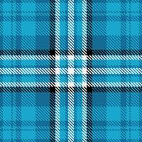 Regular plaid fabric background, seventies check textile . Party pattern tartan seamless texture in cyan and white colors. vector