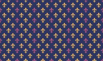 Elegant fleurdelis pattern in gold and purple on a deep blue background. Perfect for regal designs, invitations, or textile prints. This repeating motif evokes luxury, heritage, and sophistication. vector