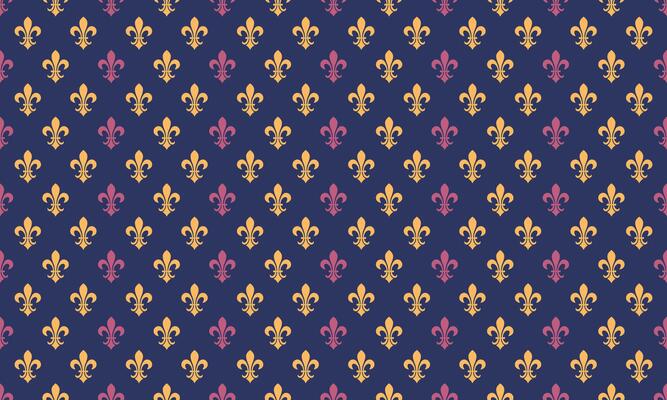 Elegant fleurdelis pattern in gold and purple on a deep blue background. Perfect for regal designs, invitations, or textile prints. This repeating motif evokes luxury, heritage, and sophistication.