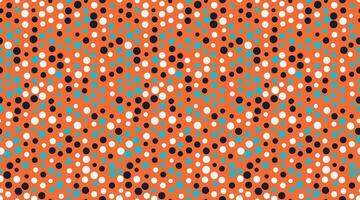 Abstract vibrant orange background with a dynamic pattern of white, teal, and black polka dots. Ideal for website banners, textile design, or modern branding. vector