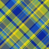 Vibrant diagonal plaid pattern in bold blue, lime green, and yellow. Perfect for textile design, website backgrounds, or fashion projects. vector
