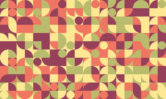 Vibrant geometric pattern featuring circles, squares, and semicircles in muted autumnal tones. Perfect for backgrounds, textiles, and modern design projects.
