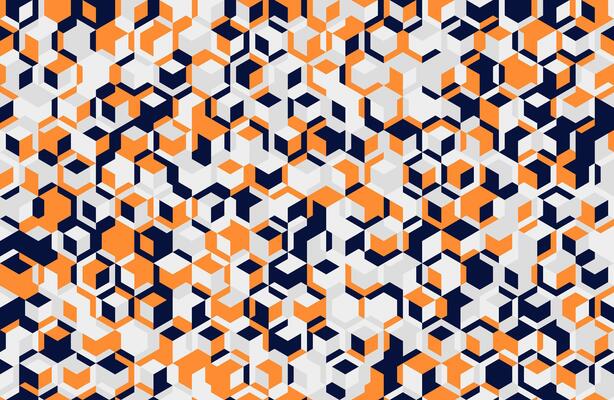 Abstract geometric seamless pattern. Dynamic interplay of orange, white, and navy cubes creates a vibrant, modern design.