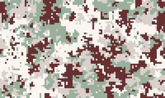 Abstract digital camouflage pattern in muted greens, whites, and maroon. Perfect for backgrounds, textiles, or militarythemed designs. vector