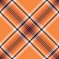 Vibrant orange plaid pattern, perfect for autumnal designs. This seamless texture features intersecting lines in varying shades of orange, brown, and white, creating a stylish and contemporary feel. vector