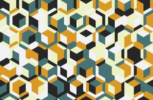 Abstract geometric pattern featuring a dynamic interplay of teal, gold, black, and offwhite cubes. This bold, modern design evokes feelings of structure, complexity, and energy. vector
