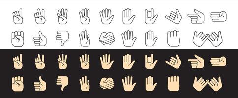 Hand Gesture line and colored Icon Set, Friendly Icon Set of Hand Gestures for Creative Projects, Apps, and Social Media Designs, hand showing one, two, three, four, five, stop, like and more vector