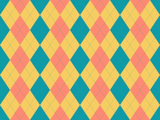 Vibrant argyle pattern in teal, coral, and gold. Perfect for backgrounds, textiles, or playful designs. This geometric texture offers a retro vibe with a modern twist.