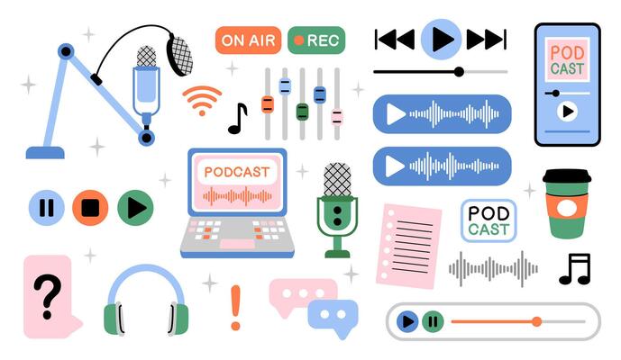 Podcast recording, audio streaming, online radio set of elements. Microphone, headphones, equalizer, laptop flat cartoon icon design.