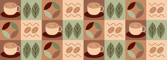 Coffee and tea geometric pattern in Bauhaus style. Abstract print background with simple shapes for coffee shop, food packaging, menu, coffee fabric vector