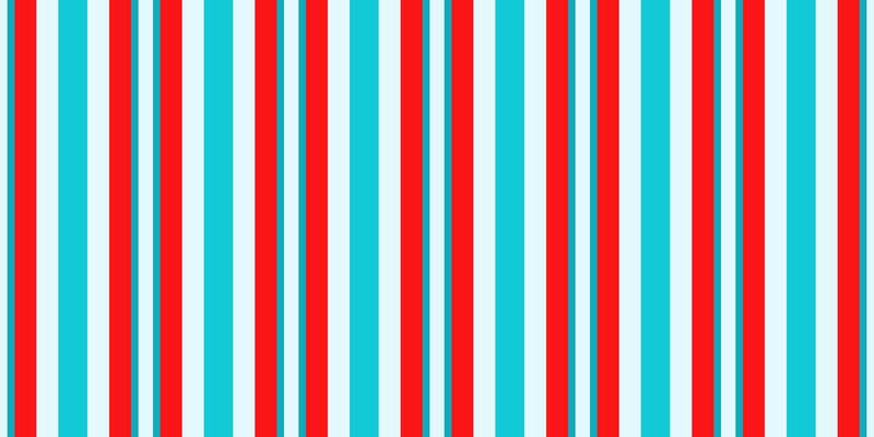 Vibrant red, teal, and white vertical stripes create a bold, geometric pattern.