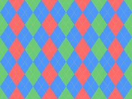 Vibrant argyle pattern in coral, blue, and green. Perfect for textiles, website backgrounds, or playful branding. This cheerful, geometric design offers a retro yet modern aesthetic. vector