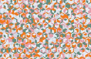 Vibrant geometric pattern of interlocking cubes in pink, orange, and teal. Perfect for textile design, website backgrounds, or modern branding. vector