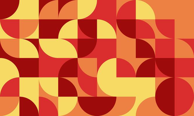 Vibrant geometric abstract background featuring a dynamic interplay of red and yellow semicircles and squares. Perfect for modern design projects, websites, presentations, and social media.