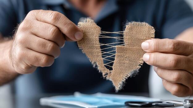 A man is holding a piece of jute string to make a heart photo