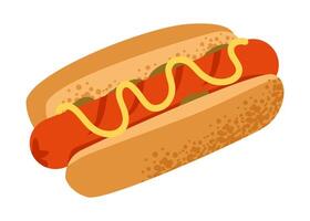 Grilled hotdog with toppings. Fast food ads, summer barbecue scenes, or street food visuals. Mustard, ketchup, and picnic elements. Flat illustration. vector