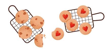 Tasty illustration of homemade cookies with jam and raisins. Flat cookie crunchy and sweet toppings. vector