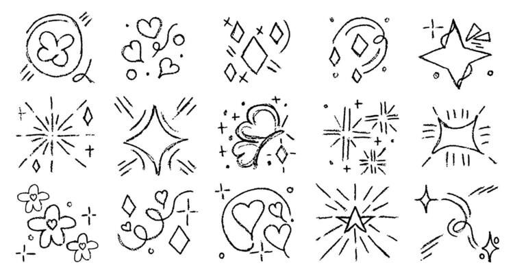 Set of Doodle line sparkle black charcoal, hand drawn grunge elements