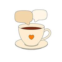 A coffee cup with a heart on a plate isolated on a light background, with speech bubbles offering conversation or dialogue. vector