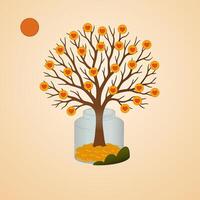 Glass jar with coins from donations and sprouted tree with hearts. vector