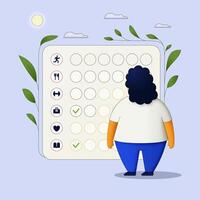 Personal development plan, goal achievement, career growth, motivation to improve all aspects of life. Woman stands in front of a list of tasks. vector