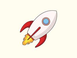 rocket booster icon with flat view, featuring red and white body, blue window, and fiery yellow flame vector