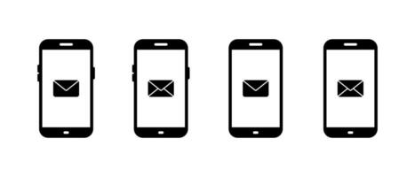 Message on mobile phone screen icon set. New email on cellphone display sign symbol vector