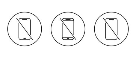 No smartphone device outline icon set on circle line. Crossed-out mobile phone symbol. Cellphone prohibition sign vector