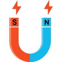 An illustration of a magnet with two arrows pointing to the letters s and n vector