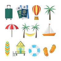 A set of icons depicting a boat, palm trees, flip-flops and many other items. vector